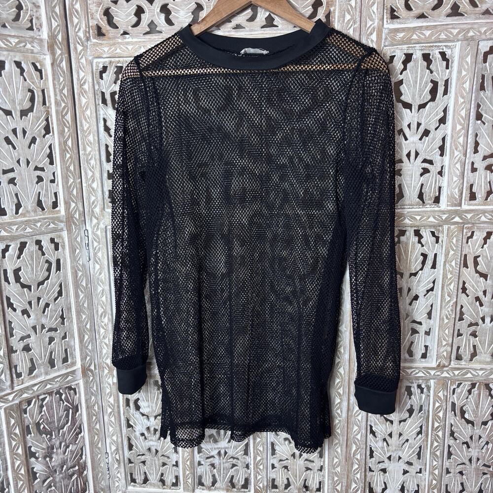 Unisex Black Long Sleeve Fishnet Mesh Tops See-through Goth Clubwear Cover Up L